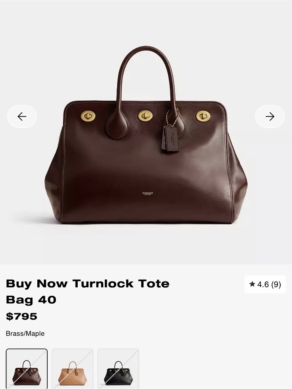 Coach Brass Turnlock Leather Tote in Maple Brown